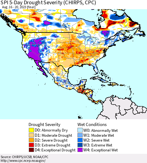 North America SPI 5-Day Drought Severity (CHIRPS) Thematic Map For 8/16/2023 - 8/20/2023