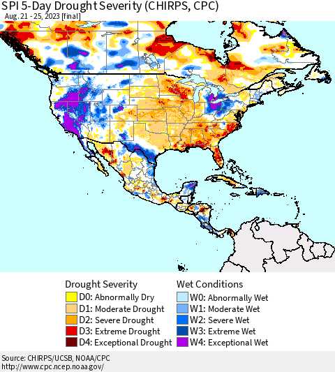 North America SPI 5-Day Drought Severity (CHIRPS) Thematic Map For 8/21/2023 - 8/25/2023