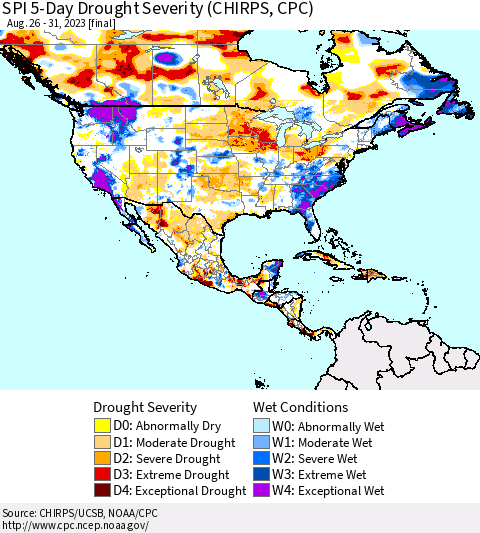 North America SPI 5-Day Drought Severity (CHIRPS) Thematic Map For 8/26/2023 - 8/31/2023