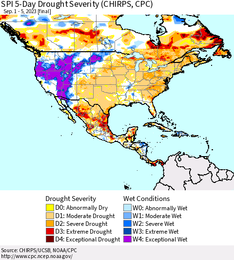 North America SPI 5-Day Drought Severity (CHIRPS) Thematic Map For 9/1/2023 - 9/5/2023