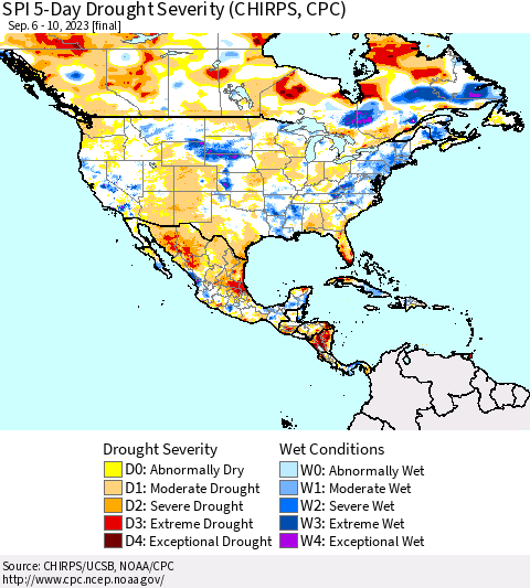North America SPI 5-Day Drought Severity (CHIRPS) Thematic Map For 9/6/2023 - 9/10/2023