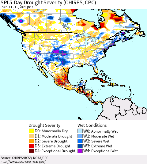 North America SPI 5-Day Drought Severity (CHIRPS) Thematic Map For 9/11/2023 - 9/15/2023
