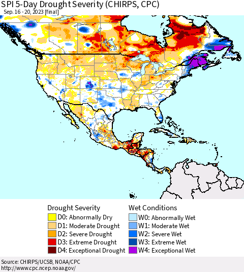 North America SPI 5-Day Drought Severity (CHIRPS) Thematic Map For 9/16/2023 - 9/20/2023