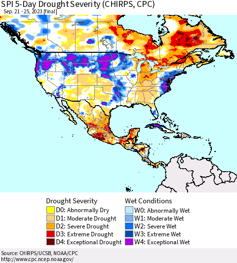North America SPI 5-Day Drought Severity (CHIRPS) Thematic Map For 9/21/2023 - 9/25/2023