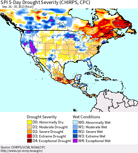 North America SPI 5-Day Drought Severity (CHIRPS) Thematic Map For 9/26/2023 - 9/30/2023