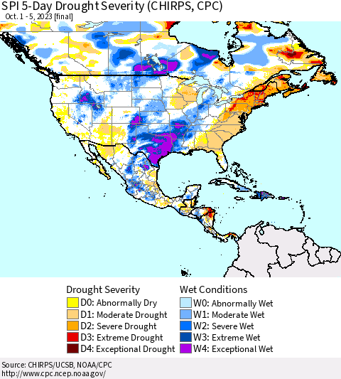 North America SPI 5-Day Drought Severity (CHIRPS) Thematic Map For 10/1/2023 - 10/5/2023
