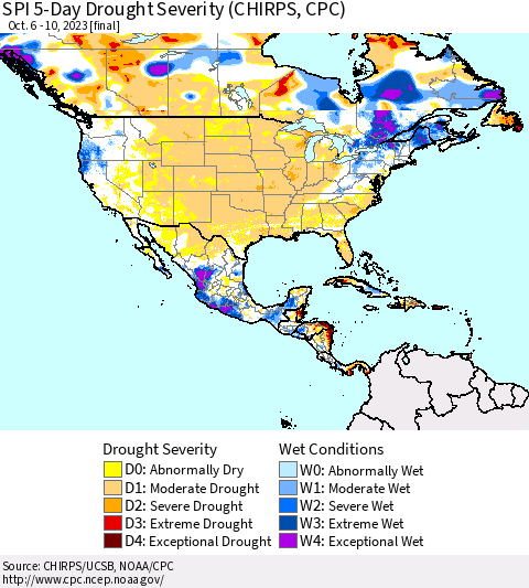 North America SPI 5-Day Drought Severity (CHIRPS) Thematic Map For 10/6/2023 - 10/10/2023