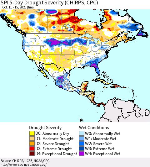 North America SPI 5-Day Drought Severity (CHIRPS) Thematic Map For 10/11/2023 - 10/15/2023
