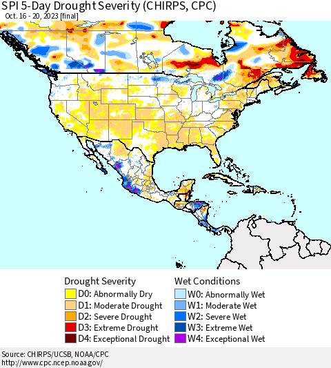 North America SPI 5-Day Drought Severity (CHIRPS) Thematic Map For 10/16/2023 - 10/20/2023