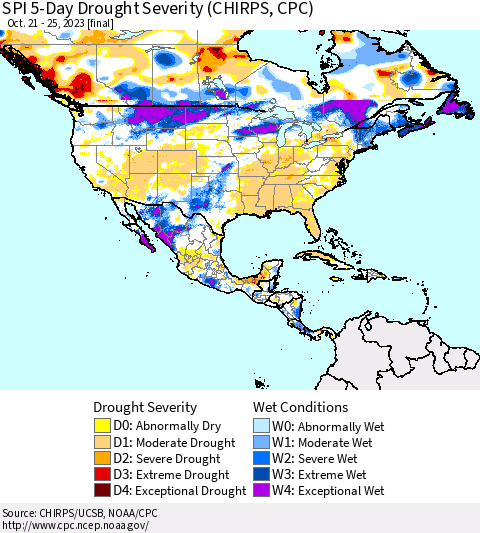 North America SPI 5-Day Drought Severity (CHIRPS) Thematic Map For 10/21/2023 - 10/25/2023