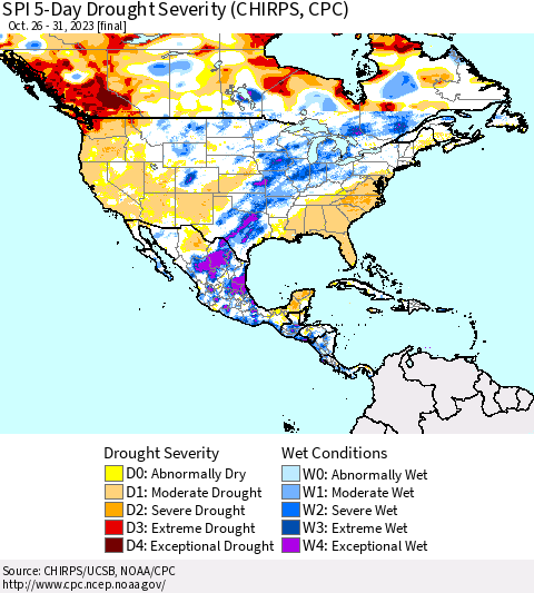 North America SPI 5-Day Drought Severity (CHIRPS) Thematic Map For 10/26/2023 - 10/31/2023