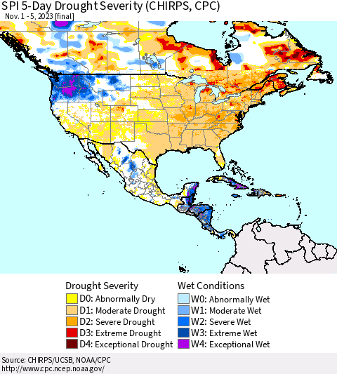 North America SPI 5-Day Drought Severity (CHIRPS) Thematic Map For 11/1/2023 - 11/5/2023