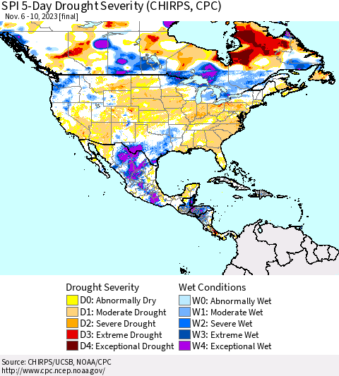 North America SPI 5-Day Drought Severity (CHIRPS) Thematic Map For 11/6/2023 - 11/10/2023