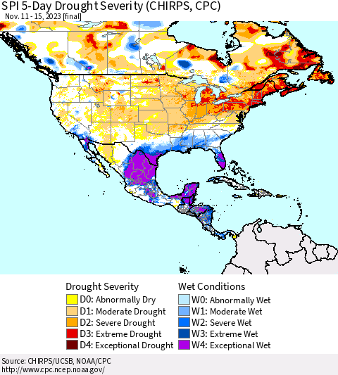 North America SPI 5-Day Drought Severity (CHIRPS) Thematic Map For 11/11/2023 - 11/15/2023