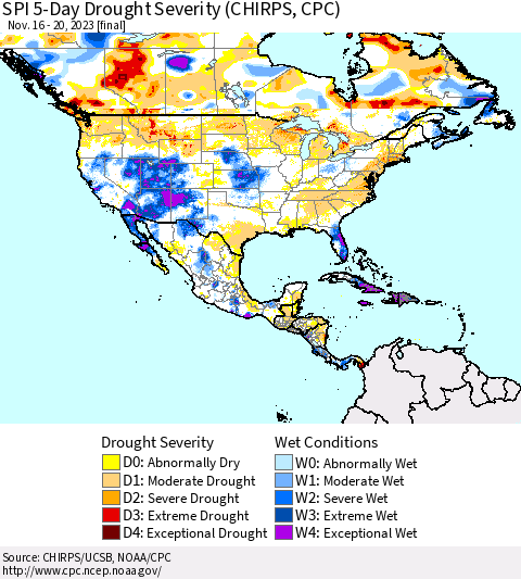 North America SPI 5-Day Drought Severity (CHIRPS) Thematic Map For 11/16/2023 - 11/20/2023