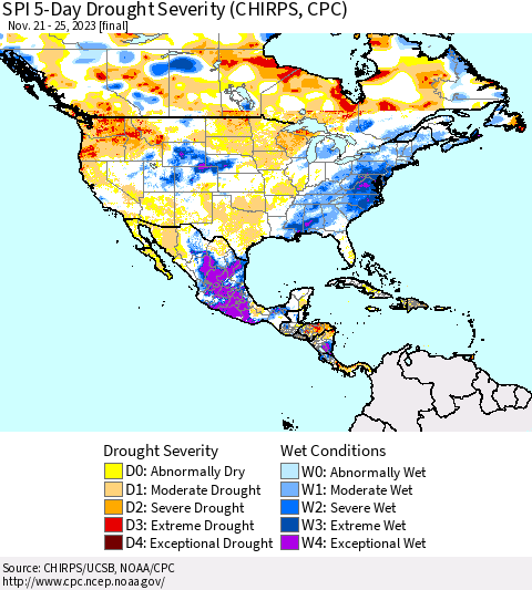North America SPI 5-Day Drought Severity (CHIRPS) Thematic Map For 11/21/2023 - 11/25/2023