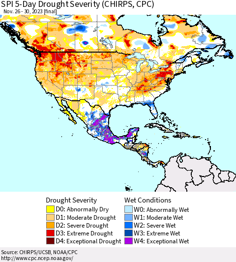 North America SPI 5-Day Drought Severity (CHIRPS) Thematic Map For 11/26/2023 - 11/30/2023