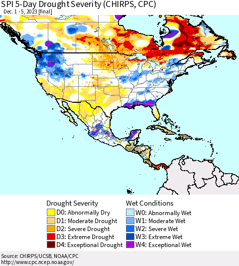 North America SPI 5-Day Drought Severity (CHIRPS) Thematic Map For 12/1/2023 - 12/5/2023