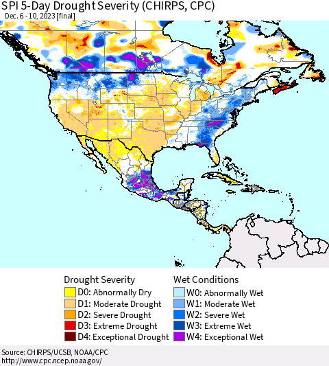 North America SPI 5-Day Drought Severity (CHIRPS) Thematic Map For 12/6/2023 - 12/10/2023