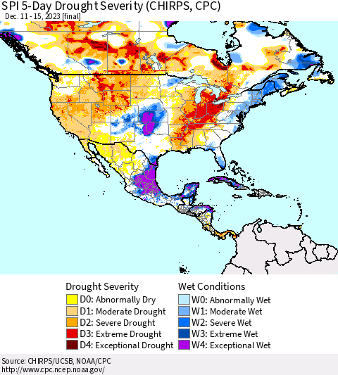 North America SPI 5-Day Drought Severity (CHIRPS) Thematic Map For 12/11/2023 - 12/15/2023