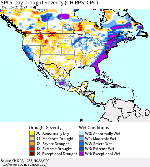 North America SPI 5-Day Drought Severity (CHIRPS) Thematic Map For 12/16/2023 - 12/20/2023