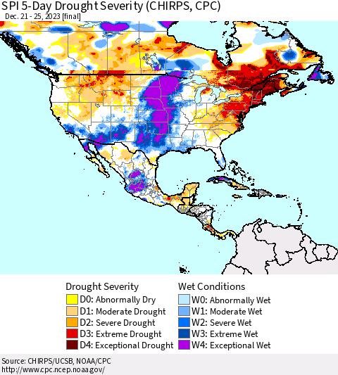 North America SPI 5-Day Drought Severity (CHIRPS) Thematic Map For 12/21/2023 - 12/25/2023
