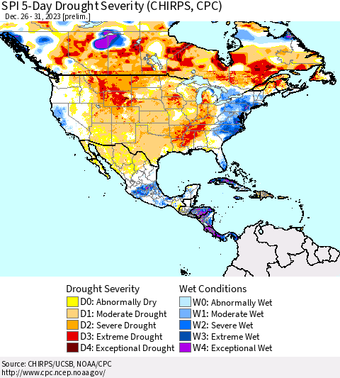 North America SPI 5-Day Drought Severity (CHIRPS) Thematic Map For 12/26/2023 - 12/31/2023