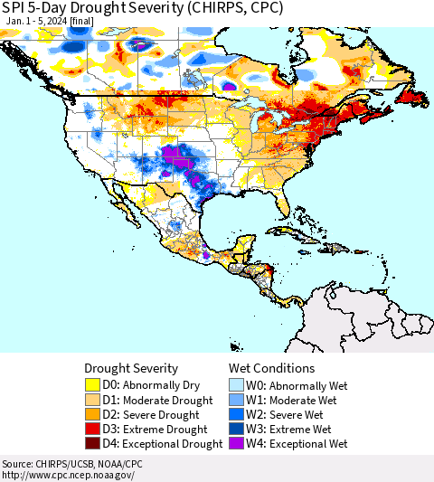 North America SPI 5-Day Drought Severity (CHIRPS) Thematic Map For 1/1/2024 - 1/5/2024