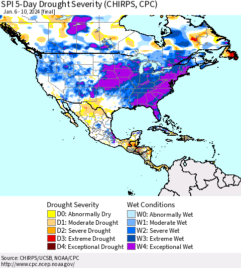 North America SPI 5-Day Drought Severity (CHIRPS) Thematic Map For 1/6/2024 - 1/10/2024