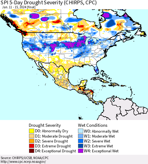 North America SPI 5-Day Drought Severity (CHIRPS) Thematic Map For 1/11/2024 - 1/15/2024