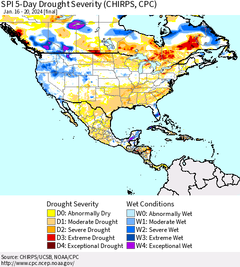 North America SPI 5-Day Drought Severity (CHIRPS) Thematic Map For 1/16/2024 - 1/20/2024