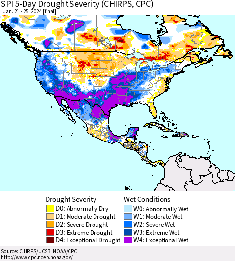 North America SPI 5-Day Drought Severity (CHIRPS) Thematic Map For 1/21/2024 - 1/25/2024