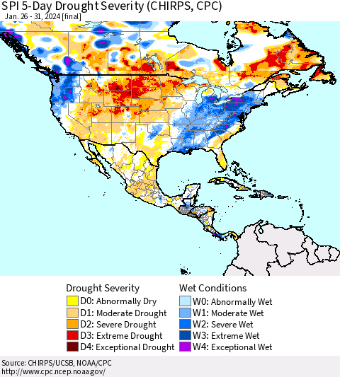 North America SPI 5-Day Drought Severity (CHIRPS) Thematic Map For 1/26/2024 - 1/31/2024