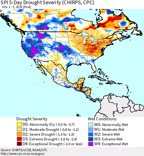 North America SPI 5-Day Drought Severity (CHIRPS) Thematic Map For 2/1/2024 - 2/5/2024