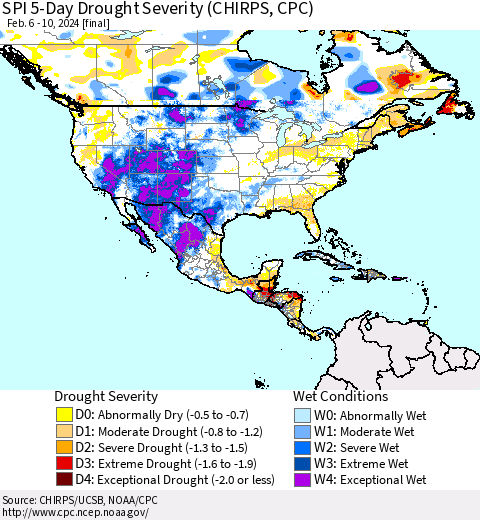North America SPI 5-Day Drought Severity (CHIRPS) Thematic Map For 2/6/2024 - 2/10/2024