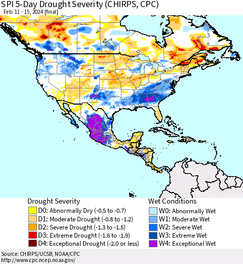 North America SPI 5-Day Drought Severity (CHIRPS) Thematic Map For 2/11/2024 - 2/15/2024