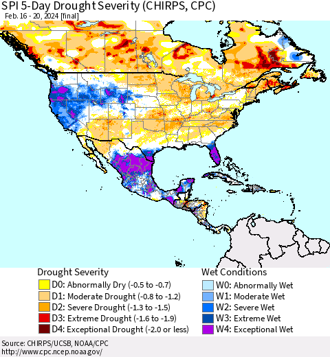 North America SPI 5-Day Drought Severity (CHIRPS) Thematic Map For 2/16/2024 - 2/20/2024