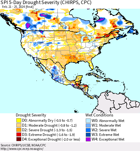North America SPI 5-Day Drought Severity (CHIRPS) Thematic Map For 2/21/2024 - 2/25/2024