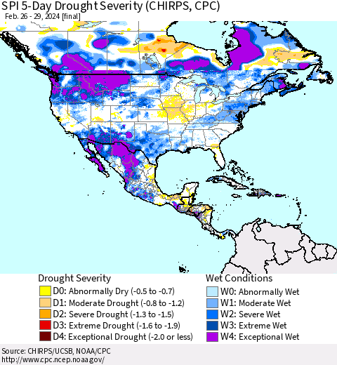 North America SPI 5-Day Drought Severity (CHIRPS) Thematic Map For 2/26/2024 - 2/29/2024