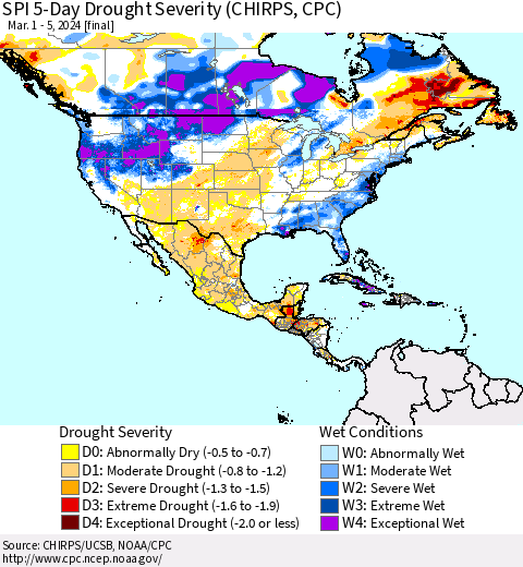 North America SPI 5-Day Drought Severity (CHIRPS) Thematic Map For 3/1/2024 - 3/5/2024