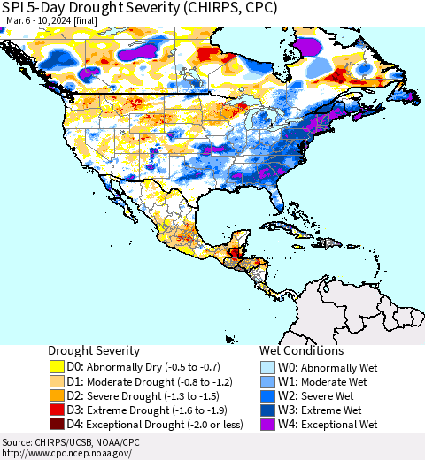 North America SPI 5-Day Drought Severity (CHIRPS) Thematic Map For 3/6/2024 - 3/10/2024