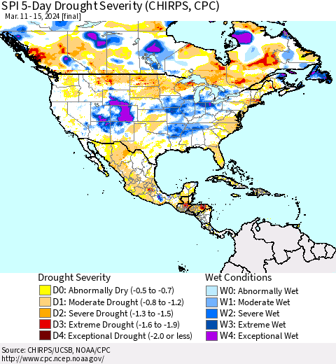 North America SPI 5-Day Drought Severity (CHIRPS) Thematic Map For 3/11/2024 - 3/15/2024