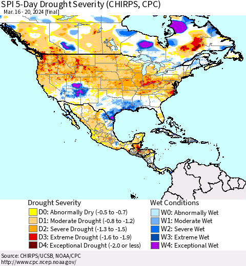 North America SPI 5-Day Drought Severity (CHIRPS) Thematic Map For 3/16/2024 - 3/20/2024