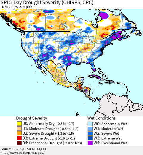North America SPI 5-Day Drought Severity (CHIRPS) Thematic Map For 3/21/2024 - 3/25/2024