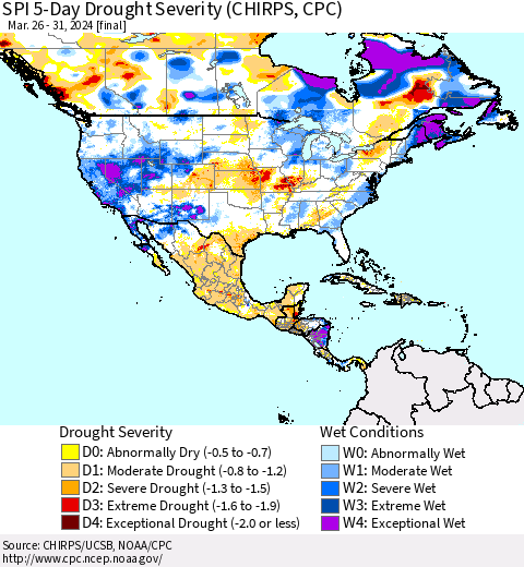 North America SPI 5-Day Drought Severity (CHIRPS) Thematic Map For 3/26/2024 - 3/31/2024