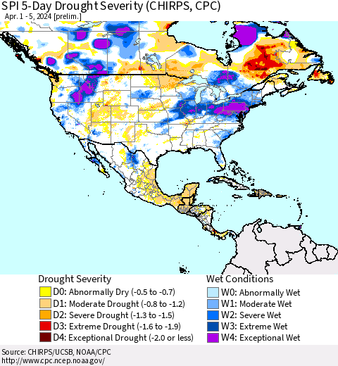 North America SPI 5-Day Drought Severity (CHIRPS) Thematic Map For 4/1/2024 - 4/5/2024