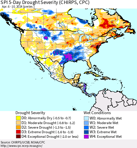 North America SPI 5-Day Drought Severity (CHIRPS) Thematic Map For 4/6/2024 - 4/10/2024