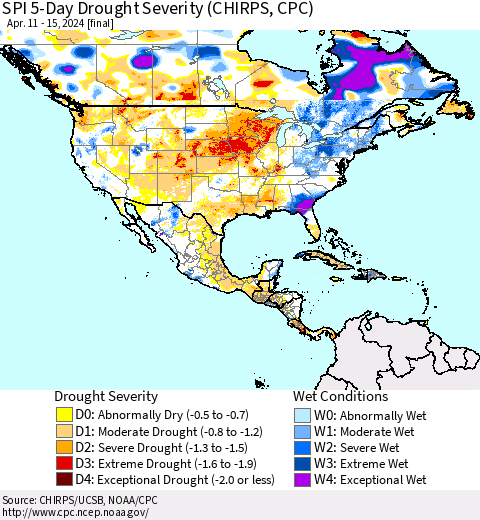North America SPI 5-Day Drought Severity (CHIRPS) Thematic Map For 4/11/2024 - 4/15/2024