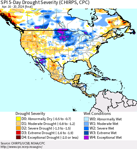 North America SPI 5-Day Drought Severity (CHIRPS) Thematic Map For 4/16/2024 - 4/20/2024