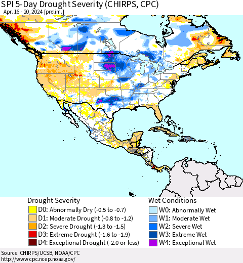 North America SPI 5-Day Drought Severity (CHIRPS) Thematic Map For 4/16/2024 - 4/20/2024